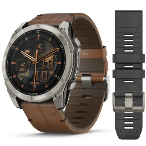 Умные часы Garmin FENIX 8 51mm Amoled Sapphire Bare Titanium Black with Chestnut Leather Band+Grapphite Silicone Band