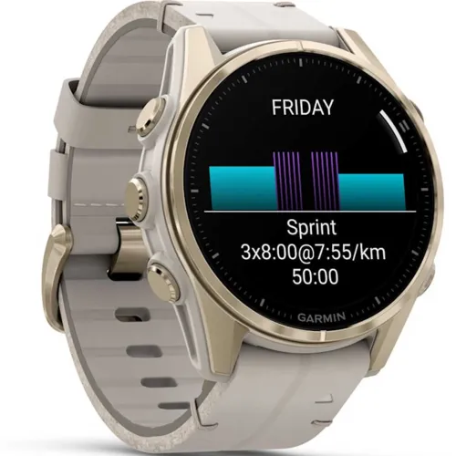 Умные часы Garmin FENIX 8 43mm Amoled Sapphire Soft Gold Stainless Steel Fog Gray Leather Band+Fog Gray/Dark Sandstone