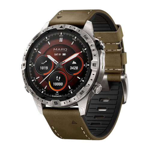 Умные часы Garmin MARQ Adventurer (Gen 2) Damascus Steel Edition, гибридный ремешок, чёрный силиконовый ремешок - изображение 1