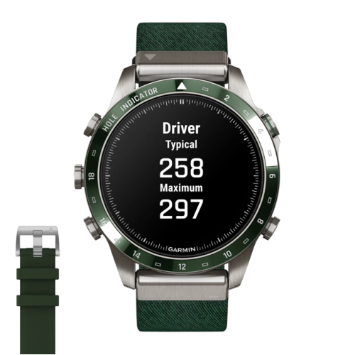 Умные часы Garmin MARQ Golfer (Gen 2), нейлоновый ремешок цвета «сосновый лес», силиконовый ремешок цвета «сосновый лес»