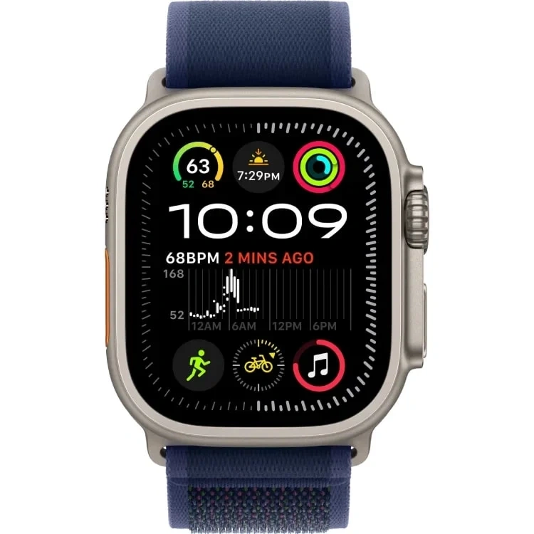 Apple Watch Ultra 2 натурального титана с синим ремешком вид спереди