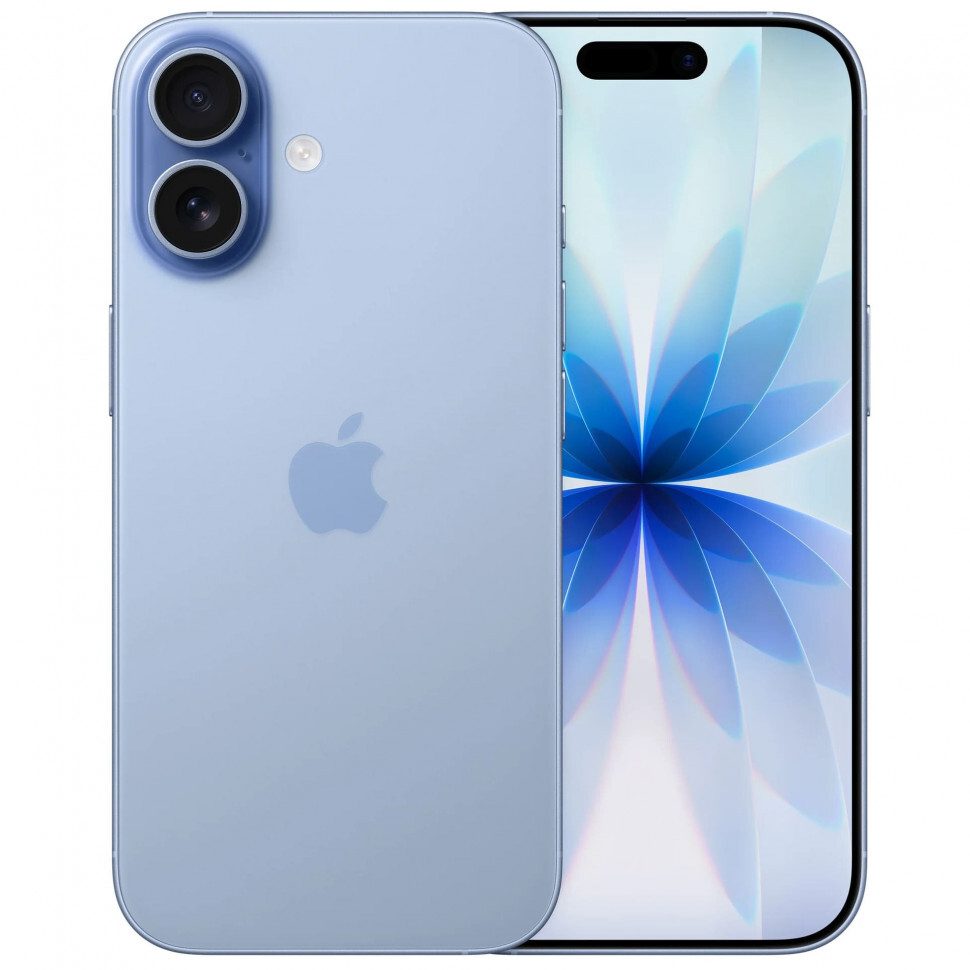 iPhone 17 в цвете Mist Blue, вид спереди и сзади